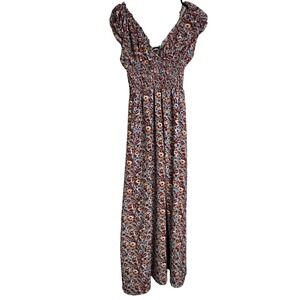 Miduo Dress Women's Small Floral Smocked Maxi Blue Red Short Sleeve V‎ Neck Long